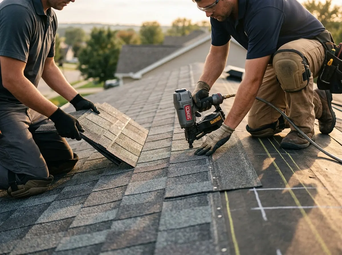 Professional roofer working on a residential roof in Monticello